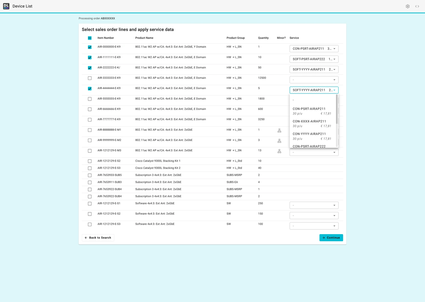 Sales order Lines auswählen